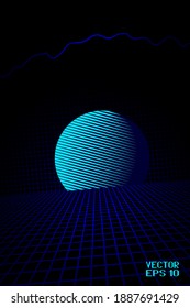 Abstract Sunrise over Technological Landscape. Blue Mesh Scenery Isolated on Black Background. Vector. 3D Illustration