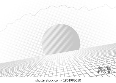 Resumen Sunrise sobre el paisaje tecnológico. Escenario de malla blanca y negra aislado en fondo blanco. Vector. Ilustración 3D