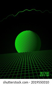 Abstract Sunrise over Technological Landscape. Green Mesh Scenery Isolated on Black Background. Vector. 3D Illustration
