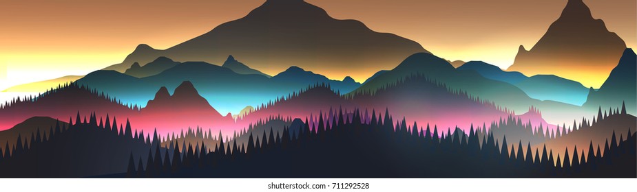 Abstract Sunrise Panorama Mountains with Lake and Pine Forest - Vector Illustration