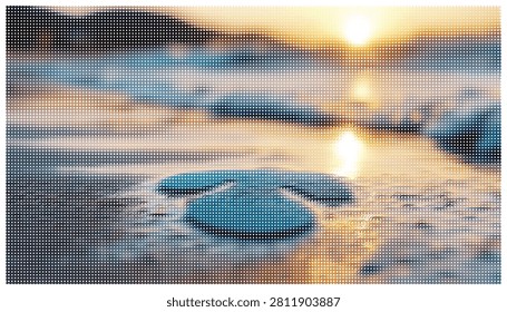 Abstract sunrise reflecting on calm water surface with single blue lily pad illustration. Serene nature scene featuring golden light ripples and soft textures.