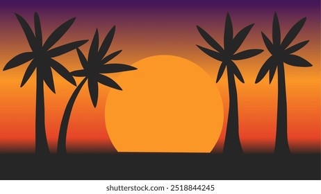 Abstract sunset background with palm tree silhouettes