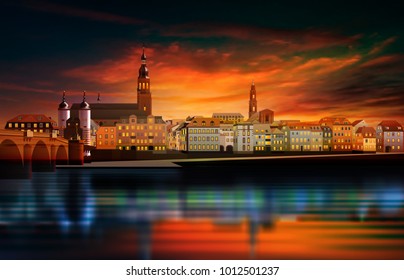 abstract sunset background with panorama of Heidelberg and red clouds