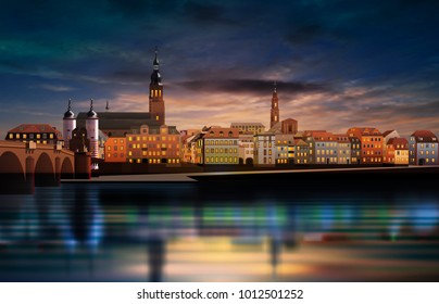 abstract sunset background with panorama of Heidelberg and clouds