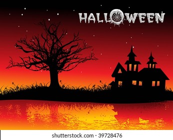 abstract sunset background with retro tree, spooky house