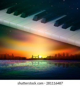 abstract sunset background with silhouette of London and piano keys