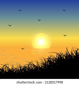 abstract sunset background vector illustration. summer sunset landscape vector.
Flat sunset design with flying bird.