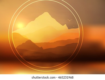 Abstract Sunset, The Dawn Sun Over the Mountains Landscape - Vector Illustration