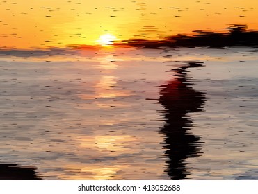 Abstract sunset with fisherman.Mosaic background. Abstract nature backdrop. Oil painting simulation with mosaic elements.