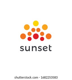 Abstract sunset icon, orange circles in semicircle. Dotted logo template, flat abstract emblem. Concept logotype design for business, web and presentation. Vector logo.
