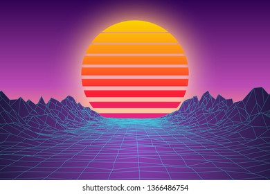 Abstract Sunset Landscape Digital 80s Game Style Background. Retro Virtual Space Terrain Backdrop. Vector Illustration.