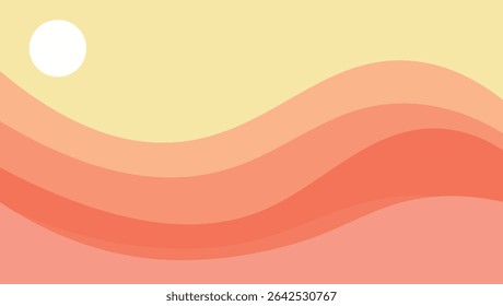 Abstract sunset landscape illustration featuring warm colors and simple wavy lines