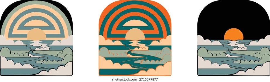 Conjunto de logotipos de paisaje Abstractas de la puesta del sol - Ilustraciones de Naturaleza de arco retro