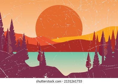 Abstract sunset landscape in simple retro style illustration.