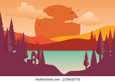 Resumen del paisaje de puesta de sol en una simple ilustración de estilo retro.