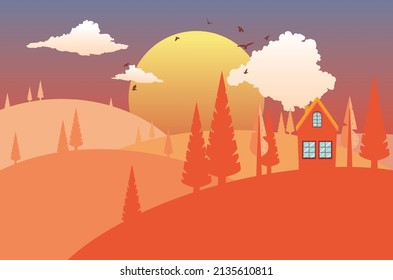 Resumen del paisaje de puesta de sol en una simple ilustración de estilo retro.