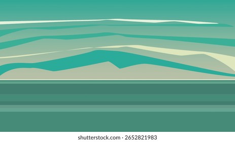 Abstract sunset landscape vector illustration with layered mountains and sea in warm orange, red, and yellow tones. Modern minimal design, perfect for backgrounds, wall art, and creative design.