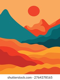 Abstract sunset landscape with vibrant orange and red mountains, stylized sun, and flowing terrain, modern flat vector art design