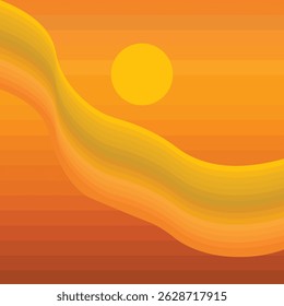 Abstract Sunset Landscape with Wavy Gradient Lines and Sun