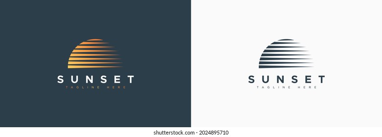Abstract Sunset Logo. Geometric Lines Half of Sun with Colors and Black White Style isolated on Double Background. Flat Vector Logo Design Template Element for Nature and Vacation Logos.