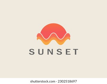 Resumen del logotipo del atardecer. Símbolo de icono de onda y sol. Elemento de plantilla de diseño de logotipo de vectores planos para logotipos de naturaleza y vacaciones.