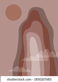 Resumen del paisaje montañoso al atardecer. Un paisaje asiático mínimo para la impresión, la decoración del hogar, el arte digital minimalista, el papel pintado de boho, el afiche. Ilustración vectorial en colores pastel de terracota. Ilustración del vector