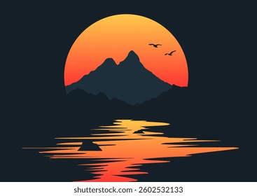 Abstract sunset mountain landscape in a minimal Japanese style
