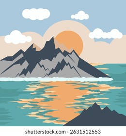 Pôr do sol abstrato nas montanhas. Ilustração do pôr do sol sobre montanhas no oceano em um estilo minimalista. EPS 10.
