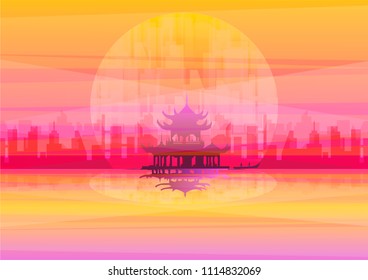abstract sunset over asian castle on seaside and city silhouette vector illustration