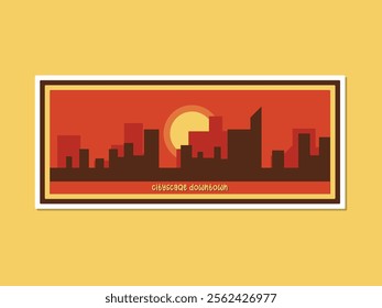 Abstract sunset silhouette city with retro sticker flat vector illustration 