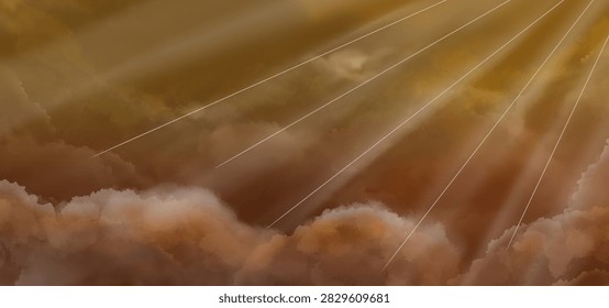 An abstract sunset sky background featuring dramatic clouds glowing with golden light, or crepuscular rays piercing through gaps in the clouds.