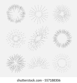 Abstract sunshine line, retro radiant starburst, vintage sunburst  set, vector illustration.