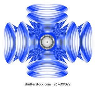 Abstract super loudspeakers directed to all sides conical shape with visible skeleton of the lines and in the middle of the hexagon nut