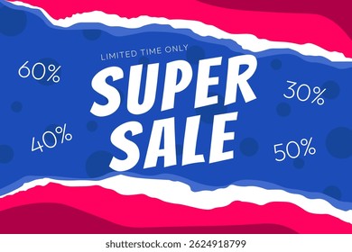 Abstract super sale banner in bright blue and pink colors with discount text. Promotion vector illustration.