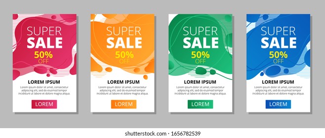 Abstract super sale banners with lettering set vector illustration. Fifty percent off text flat style design. Bright colourful promotion flyers. Creative header concept