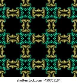 Abstract superior seamless pattern with golden and metallic green decorative ornament on black background