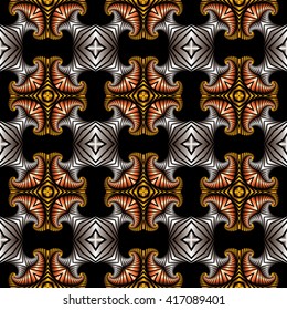 Abstract superior seamless pattern with polished golden, silver and titanium decorative elements on black background