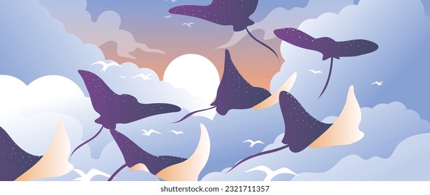 Abstract supernatural background vector. Natural wallpaper pattern design of hand drawn stingrays, sky, cloud, sunrise, sunset. Modern design illustration for decoration, wall decor, prints.