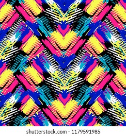 Abstract surface design seamless rough grunge pattern, modern design template.Trendy painted style texture, poster with different doodle elements.Urban bright youth textiles sample
