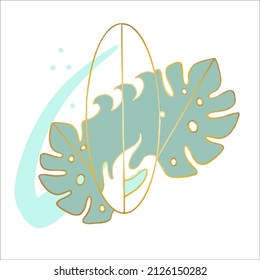 Abstracta tabla de surf, monstera deja fondo.