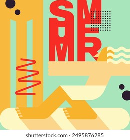 Abstract surfer character on the poster. A man on a surfboard. Dynamic geometric design.