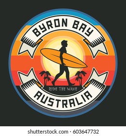 Abstract surfer stamp or sign text Byron Bay, Australia, vector illustration