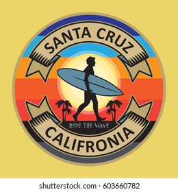 Abstract surfer stamp or sign text Santa Cruz, California, vector illustration