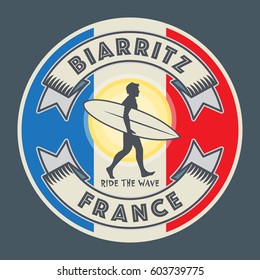 Abstract surfer stamp or sign text Biarritz, France, vector illustration
