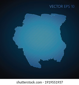 Abstract Suriname map template made from blue diagonal lines on dark background. Vector illustration EPS10.