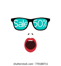 Abstract surprised woman face. Sale banner is reflected in the glasses