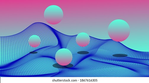 Abstract surreal background with floating neon spheres. Brigth colorful illustration.