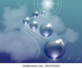 Abstract surreal background. Rolling translucent spheres in the clouds.