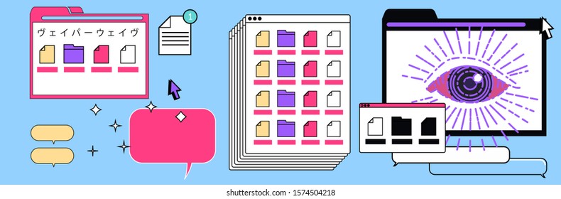 Abstract surreal background with virtual screens, speech bubbles and icons of files and shining All seeing eye symbol. Japanese text means "Vaporwave".