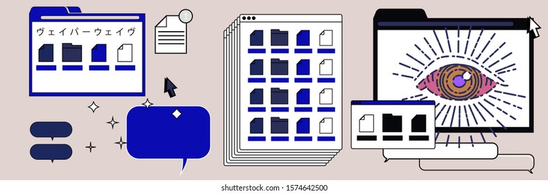 Abstract surreal background with virtual screens, speech bubbles and icons of files and shining All seeing eye symbol. Japanese text means "Vaporwave".